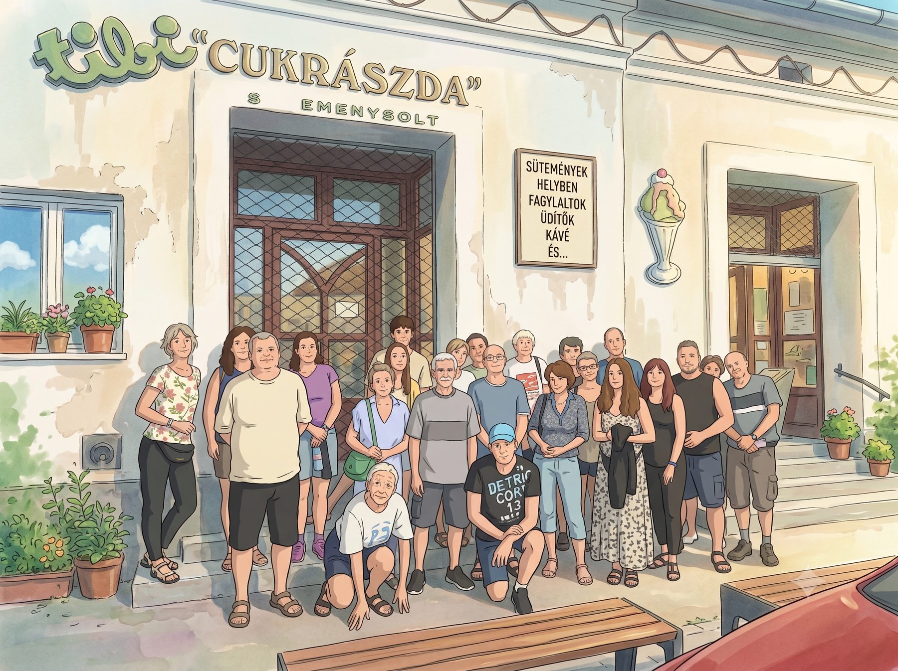 A túra csapata csoportképen a Tibi Cukrászda előtt